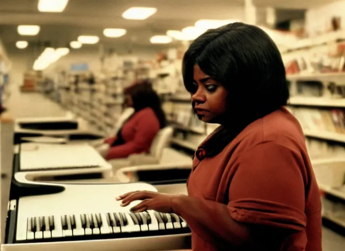 Image similar to cinematic shot of octavia spencer in an small used electronics store playing an old electronic keyboard, iconic scene from the paranoid thriller sci fi film directed by stanley kubrick, anamorphic cinematography, beautiful composition, color theory, leading lines, photorealistic, moody volumetric lighting