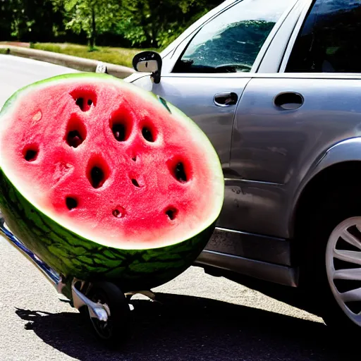 Prompt: a tricycle carrying watermelon, the boy fell asleep in the car, summer