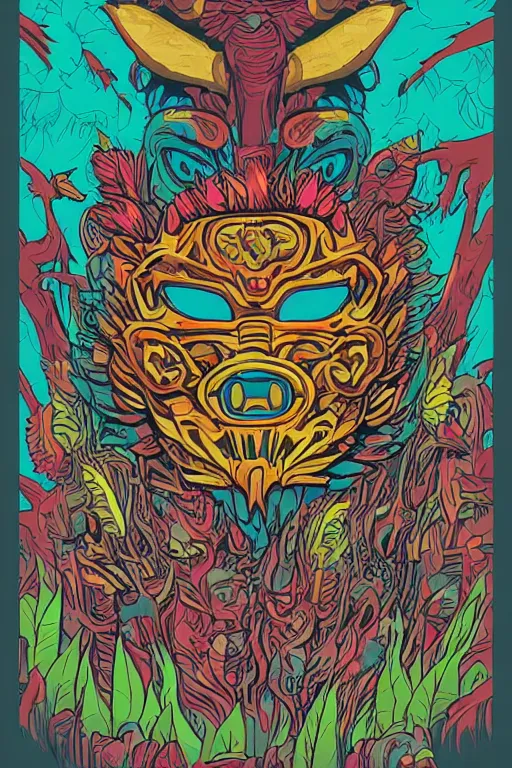 Image similar to animal mask totem roots flower tribal feather gemstone plant wood rock shaman vodoo video game vector cutout illustration vivid multicolor borderlands comics by josan gonzales and dan mumford radiating a glowing aura