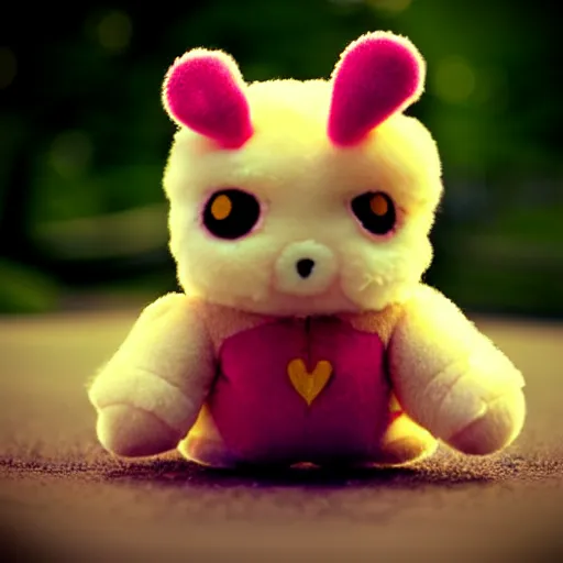 Image similar to lomography long shot of cute plush fluffy chthonic monster made to look like a baby, bokeh background, lsd colors