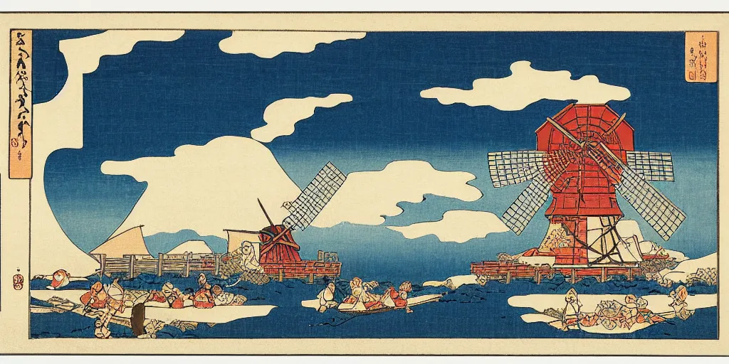 Image similar to ukiyo - e woodblock print of a dutch windmill, by hokusai