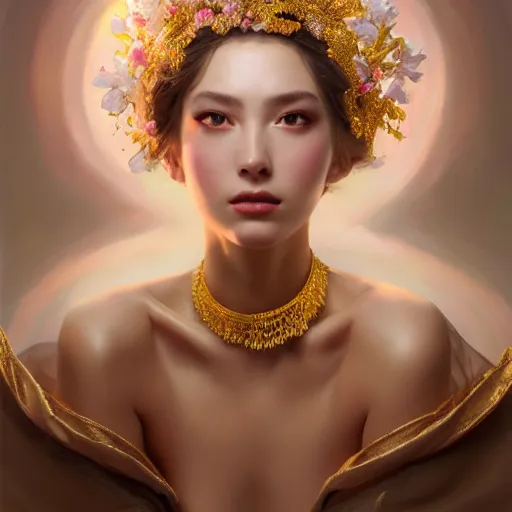 Prompt: expressive oil painting, of alluring european princess, seductive look, happy, smooth glowing skin, glistening body, love, adoration, ornate headpiece made from flowers, glamour shot, by yoshitaka amano, by greg rutkowski, by jeremyg lipkinng, by artgerm, digital art, octane render, white robe