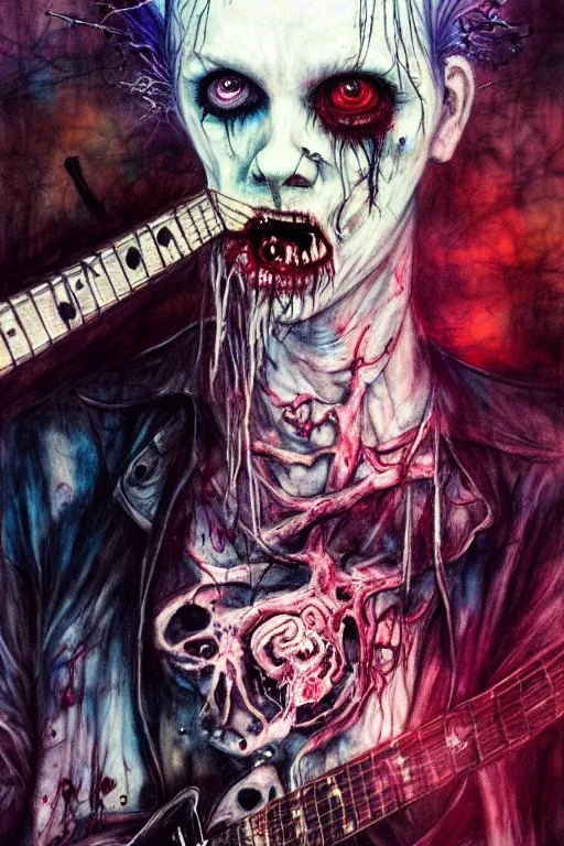 Image similar to zombie punk rocker playing guitar by agnes cecile, brian froud, intricated details, 3 / 4 view, full body portrait, extremely luminous bright design, horror, pastel colours, toxic drips, autumn lights