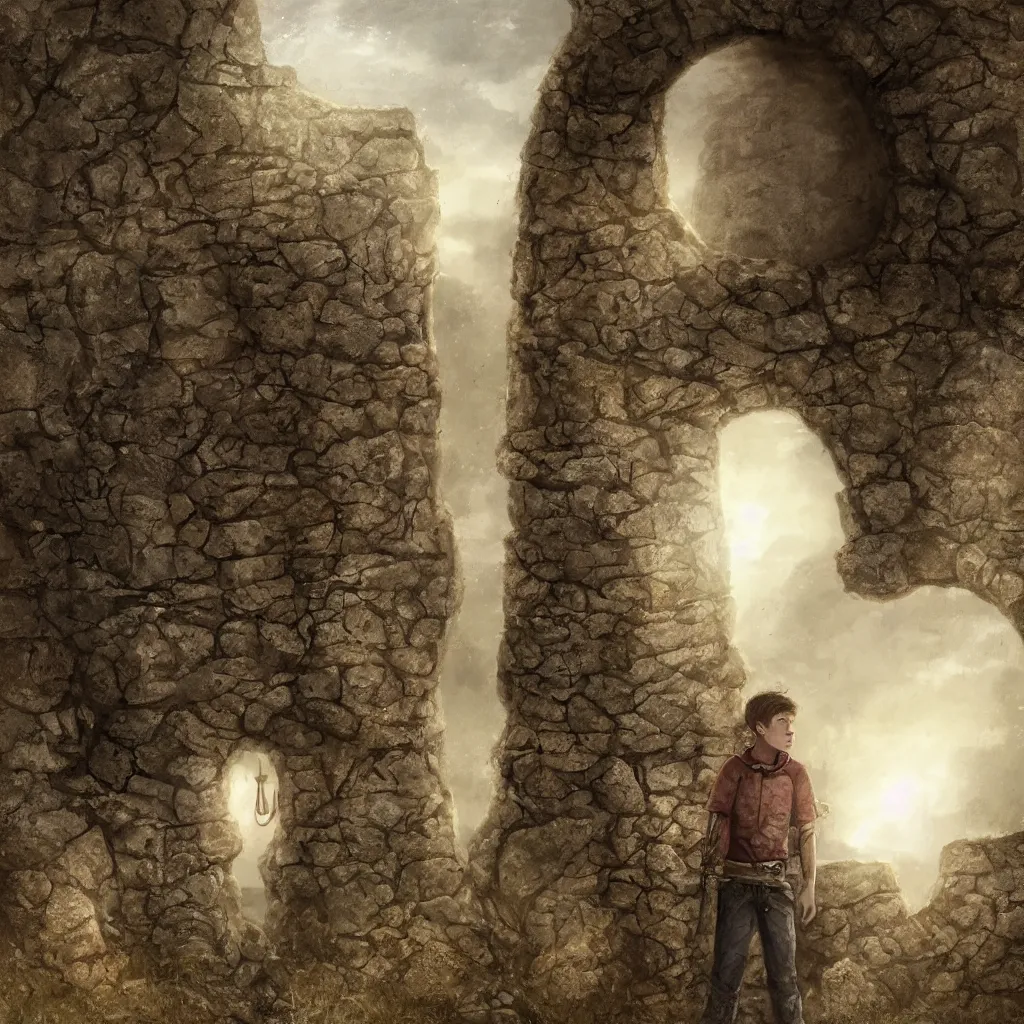 Image similar to a teenage boy standing before a stone wall, fantasy concept art, cinematic framing, cinematic lighting, movie poster art, digital art, intricately detailed, blockbuster movie art, cinematic framing