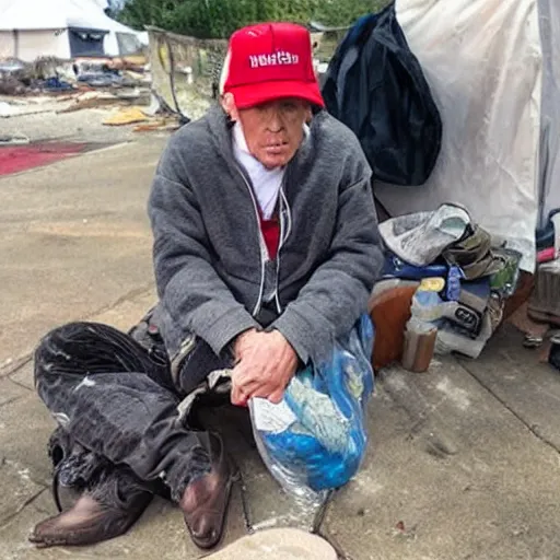 Prompt: homeless trump in a homeless camp, wearing cheap dirty clothes and maga hat, dirty