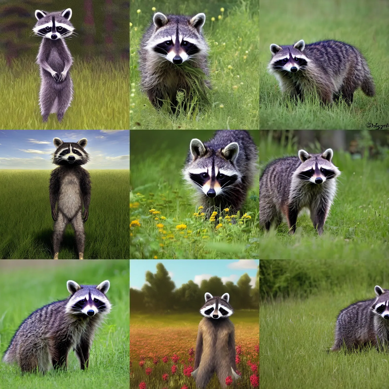 Prompt: a raccoon fursona standing in a meadow