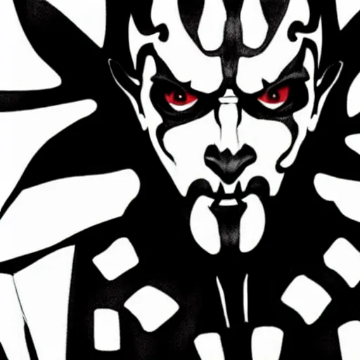 Prompt: Darth Maul portrait in the style of Junji Ito. Manga. Black & White. Gothic. Japanese Horror. Exquisitely detailed. 4K.