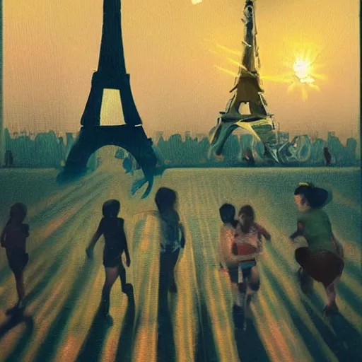 Prompt: a dream of several people running in a field and the eiffel tower in the background in a place that at the same time is illuminated by the sun causes a feeling of strangeness, oil painting, ultradetailed, artstation, polaroid photo, perfect photo, photo pinterest, polaroid photo, perfect photo, photo pinterest