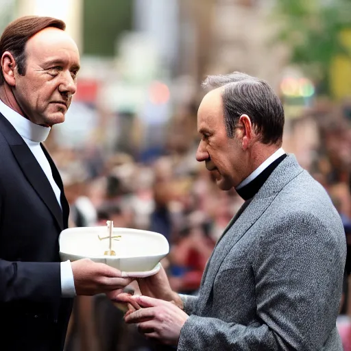 Prompt: kevin spacey dressed up as a catholic priest, giving out communion to people