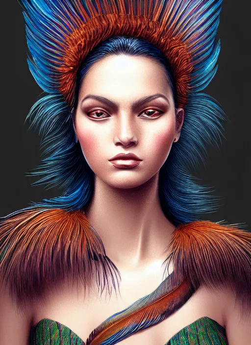 Image similar to portrait of female, quetzal feathers, intricate, elegant, highly detailed, digital painting, artstation, concept art, smooth, sharp focus, illustration