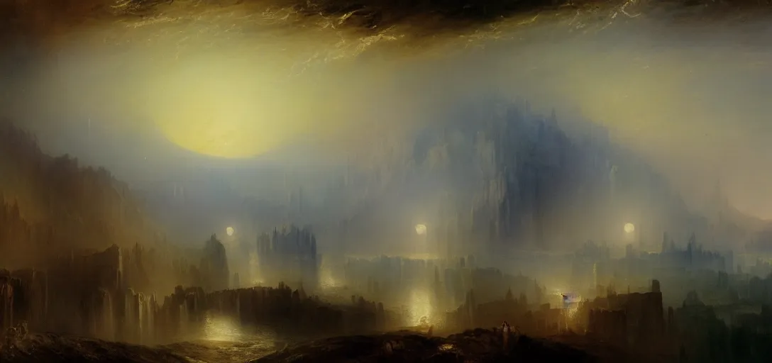 Prompt: moon is protodoom steelcog tribe fog, coherent, detailed, intricate, fusion j. m. w turner, neoclassic oil painting, 8 k resolution