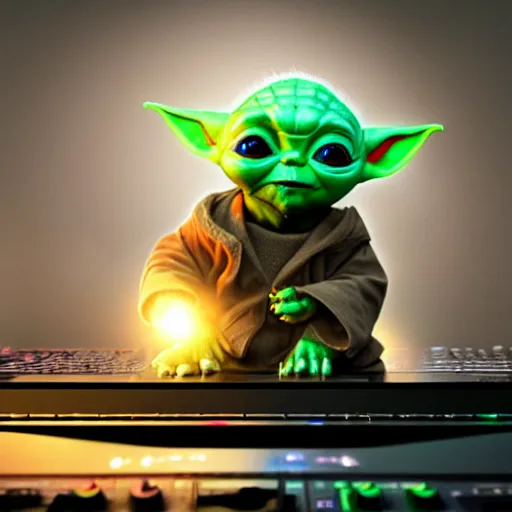 Image similar to full body pose, hyperrealistic photograph of baby yoda as a dj, dim volumetric lighting, 8 k, octane beautifully detailed render, extremely hyper detailed, intricate, epic composition, cinematic lighting, masterpiece, trending on artstation, very very detailed, stunning, hdr, smooth, sharp focus, high resolution, award, winning photo, dslr, 5 0 mm