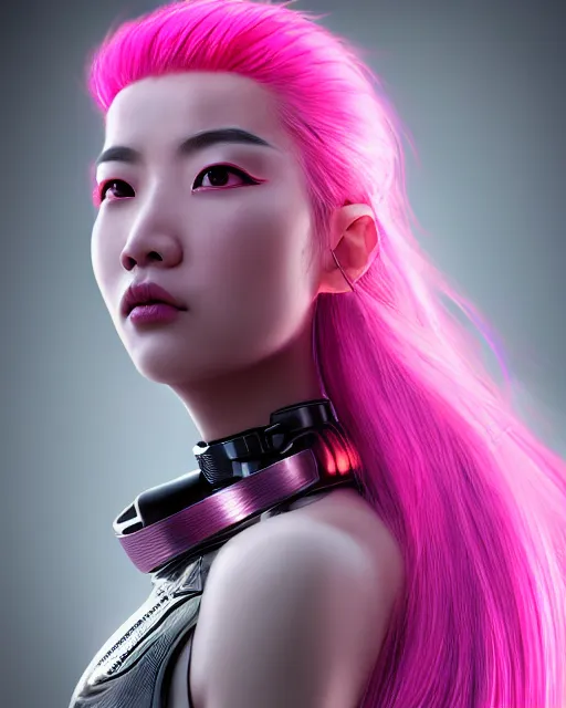 Image similar to portrait of a beautiful asian woman with pink hair as a cyberpunk cyborg half robot, sci - fi, missing panels, intricate abstract upper body intricate artwork, concept art, octane render, deviantart, cinematic, key art, hyperrealism, iridescent accents, portrait photograph, nikon 3 5 mm, photograph by greg rutkowski