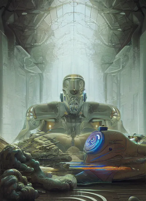 Prompt: the waiting room cybertronic giant open space, hyper realistic, detailed, sharp lines, peter mohrbacher, moebius, salvia droid, alex grey