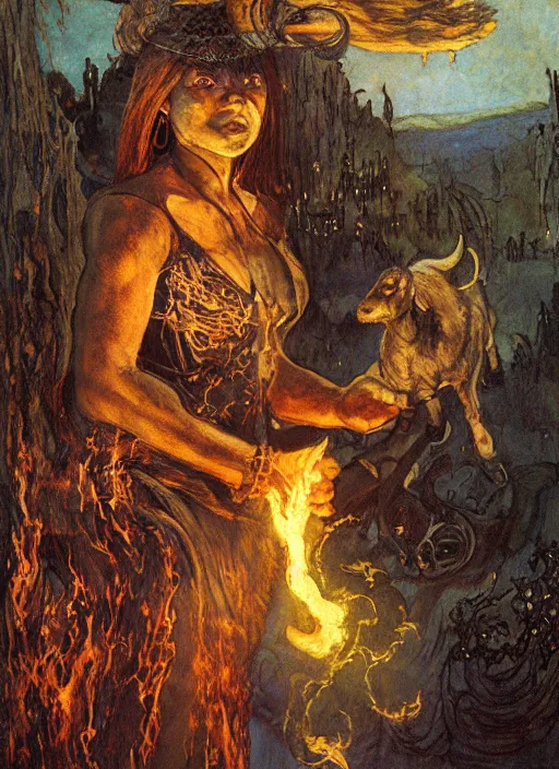 Prompt: half length portrait of a bautiful witch girl burning with a goat in her hands, glowing fire, medieval castle, by mikhail vrubel, by peter elson, muted colors, extreme detail, trending on artstation, 3 5 mm, aperture 1. 2, 8 k