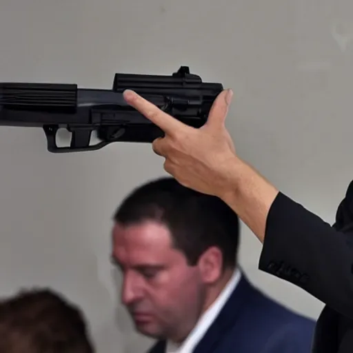 Image similar to image of aleksandar vucic using a gun