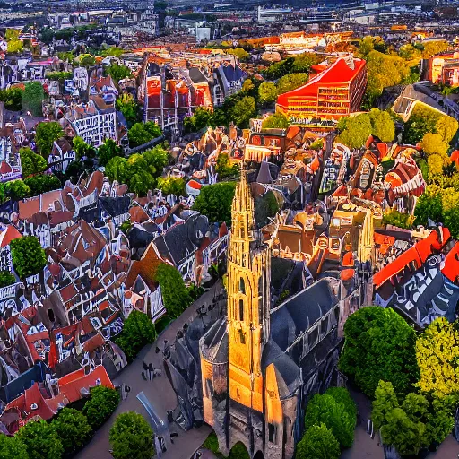 Prompt: An extremely detailed panoramic photo of the Utrecht Dom Tower. Picture taken from a high altitude at sunset with a wide angle lens.