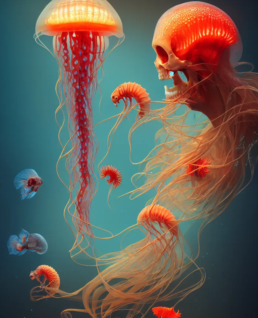 Image similar to human thorax, jellyfish phoenix head, nautilus, orchid, skull, betta fish, bioluminiscent creatures, intricate artwork by Tooth Wu and wlop and beeple. octane render, trending on artstation, greg rutkowski very coherent symmetrical artwork. cinematic, hyper realism, high detail, octane render, 8k