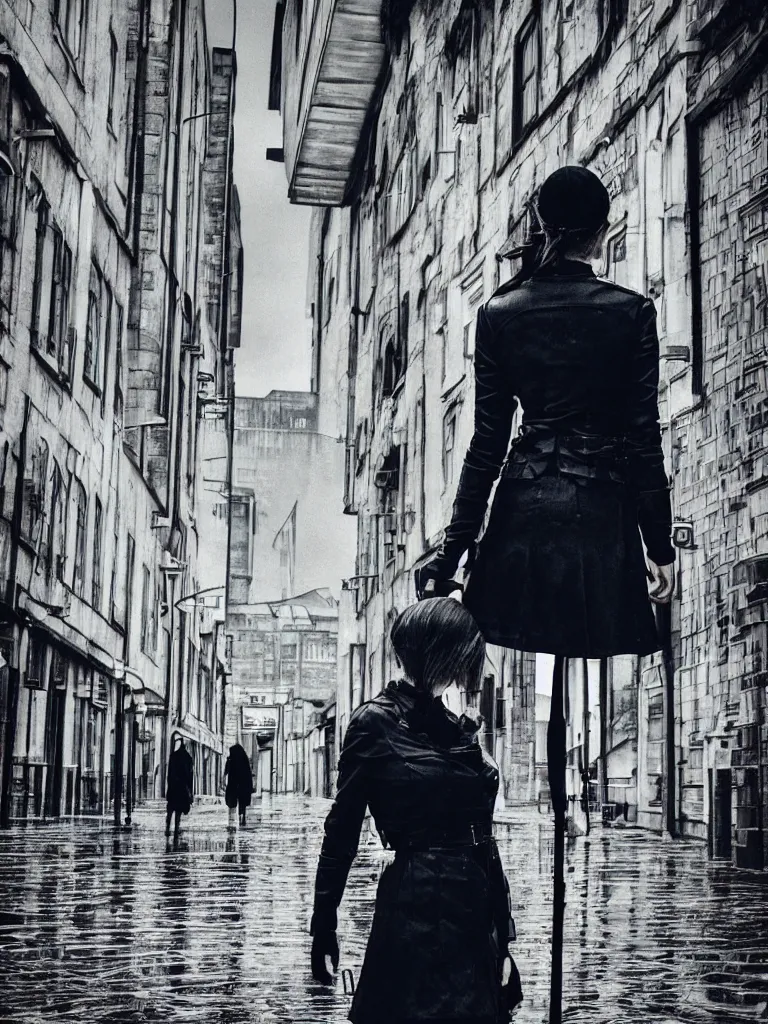 Prompt: cute annie leonhart in the dunwall city centre, dunwall city, beautiful face, natural lighting, rainy weather, gothic architecture, natural reflections, model agency, instagram photo, depression atmosphere, shot on iphone 1 3 pro, natural beauty, beautiful girls