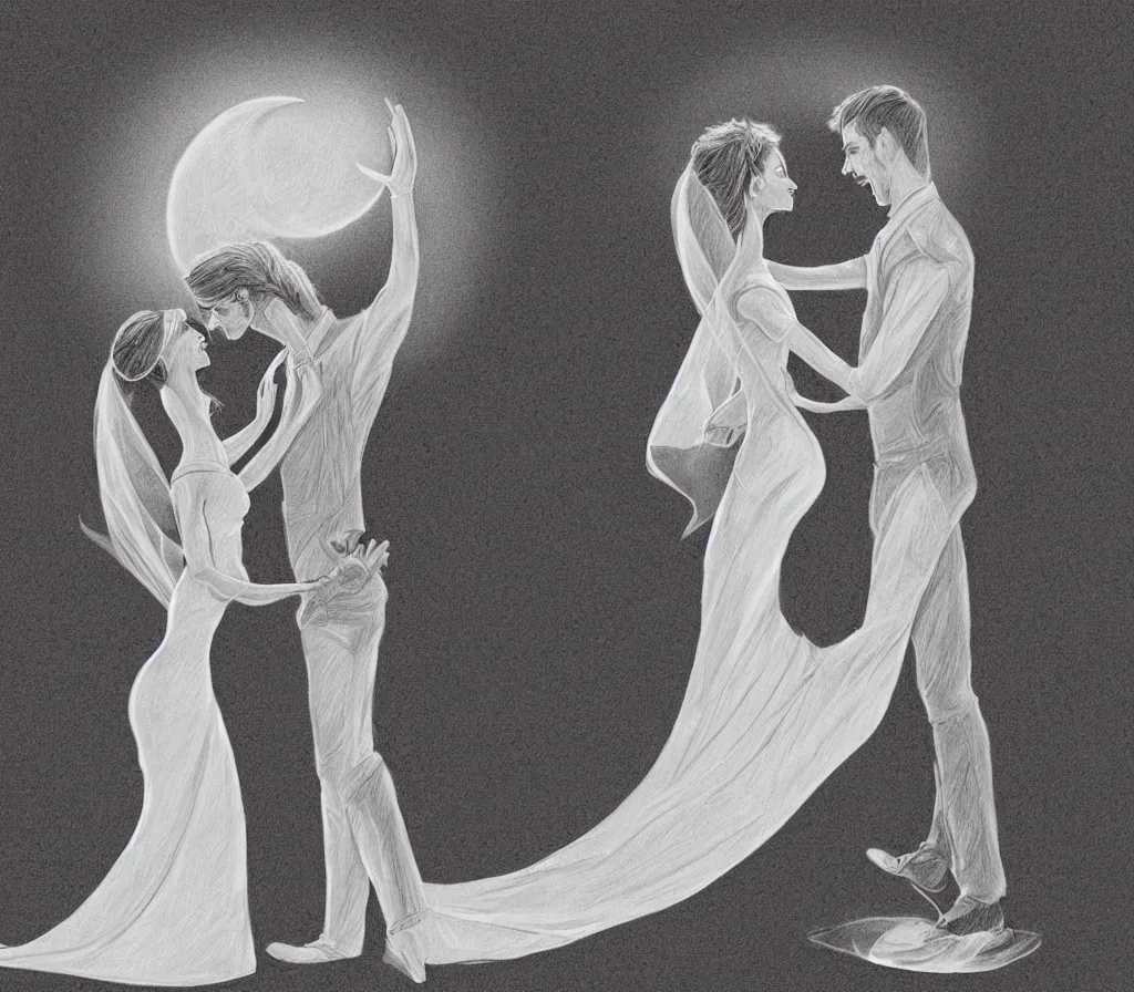 Prompt: detailed, anatomical, digital art drawing of a couple dancing on a crescent moon during their wedding ceremony, soft lighting, neutral colours, lots of details