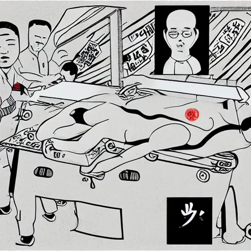 Prompt: chinese surgeons cutting up a body on an operating table, in the style of daniel johnston and outsider art, 8k, line brush, minimal, overlaid with traditional chinese adverts, flat