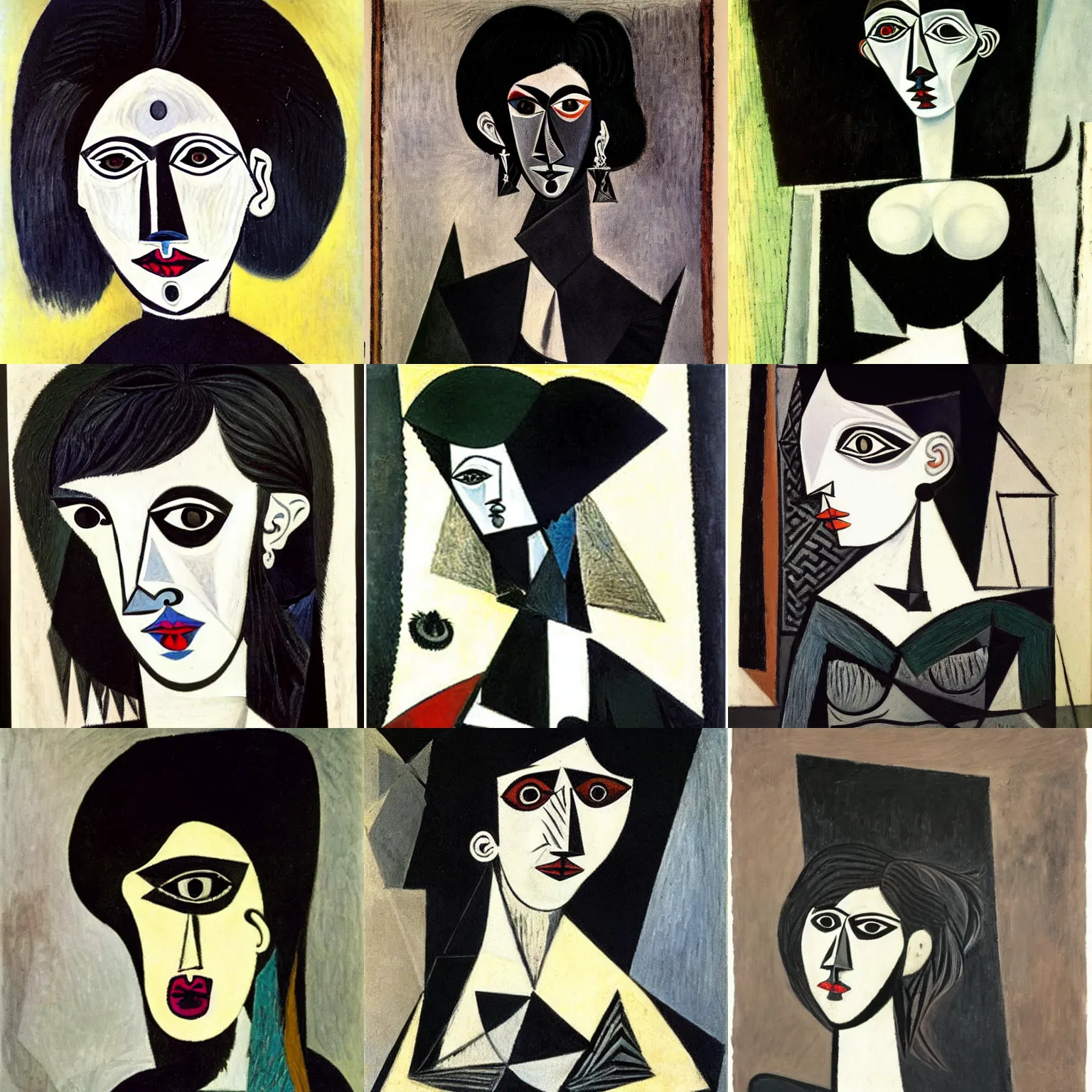 Prompt: a goth portrait painted by pablo picasso. her hair is dark brown and cut into a short, messy pixie cut. she has large entirely - black evil eyes. she is wearing a black tank top, a black leather jacket, a black knee - length skirt, a black choker, and black leather boots.