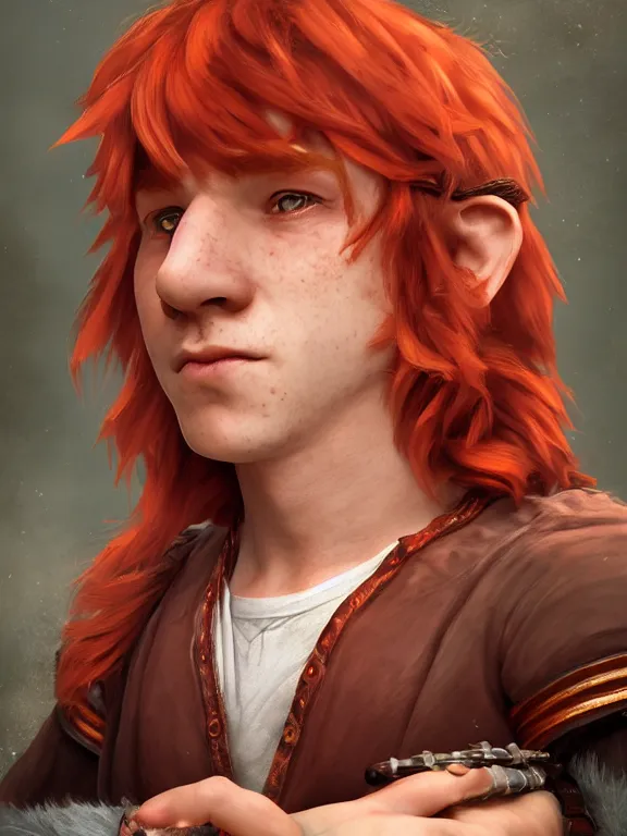 Prompt: portrait art of red - haired halfling bard 2 1 year old man!! freckles!!, 8 k ultra realistic, atmosphere, glow, detailed, intricate, full of colour, cinematic lighting, trending on artstation, 4 k, hyperrealistic, focused, extreme details, unreal engine 5, cinematic, masterpiece