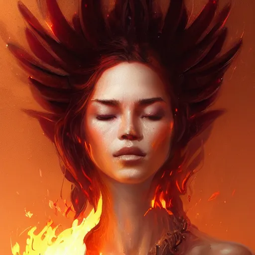 Image similar to a beautiful portrait of a fire goddess with closed eyes by greg rutkowski and raymond swanland, trending on artstation, flaming background, ultra realistic digital art