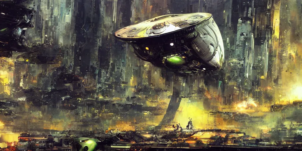 Image similar to hi - tech alien space ship crashed on dystopian earth, nyc 2 0 7 7, detailed, sharp focus, brush strokes, technicolor, by john berkey, craig mullins.