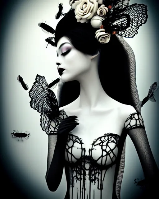 Image similar to dreamy surreal poetic black and white 3D render of a beautiful young porcelain female-creature-cyborg-vegetal with a very long neck and a super big gothic lace collar filled with dead flies and a very high big floral crown with many black dry roses:: smoke, high fashion, haute couture, rococo, avant-garde, elegant, dreamy, hyper realistic, 150 mm lens, soft rim light, octane render, unreal engine, volumetric lighting, dramatic light,8k,