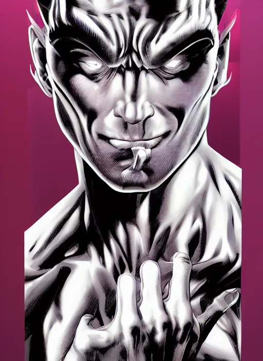 Prompt: aesthetic digital illustration of a solitary handsome sneering young man standing in an empty white room by brian bolland, rachel birkett, alex ross, and neal adams | sinister, dangerous, character concept, concept art, unreal engine, finalrender, centered, deviantart, artgerm