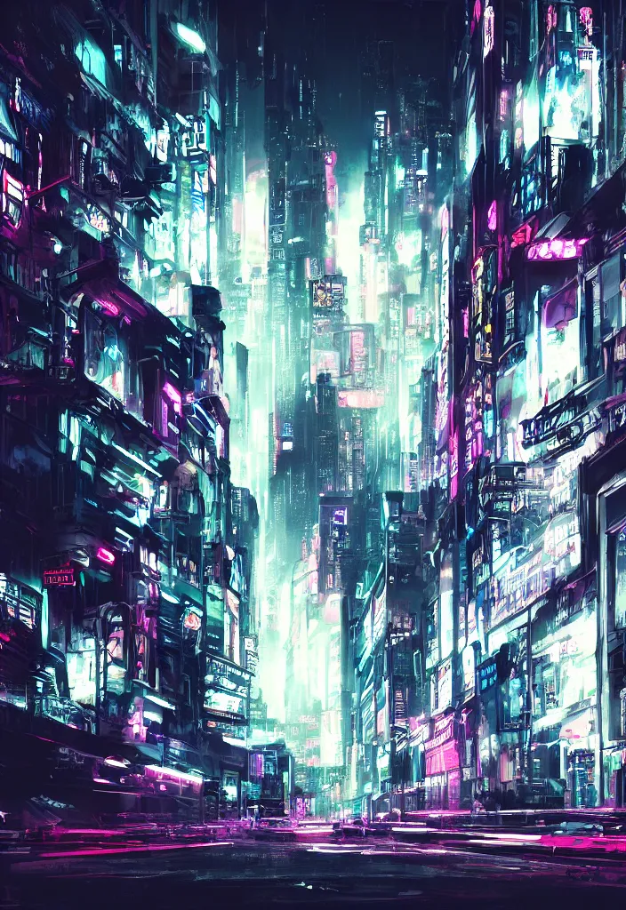 Prompt: concept art of a magnificent dark neon futuristic cyberpunk city bustling street at night cyberart in the style of liam wong, dramatic and moody, masterpiece, 8 k, high resolution, film grain