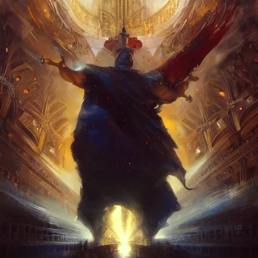 Image similar to god emperor donald trump in the style of craig mullins, greg rutkowski, peter mohrbacher, and drew struzan. epic, majestic, awe inspiring, god rays, fissures, divine, church painting, intricate armor, extreme detail, high octane,