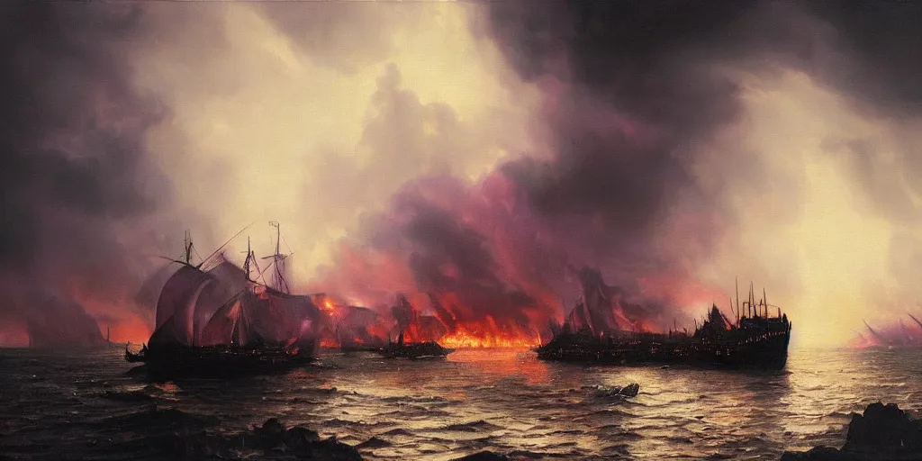 Prompt: Hyper realistic oil painting of a giant medieval ship burning brightly with a purple flame, pillars of dark smoke rising from the ships, fire in the background, stormy weather, dark storm clouds above, highly detailed, fog, moody cinematic lighting, atmospheric, dark, by Greg Rutkowski, trending on artstation