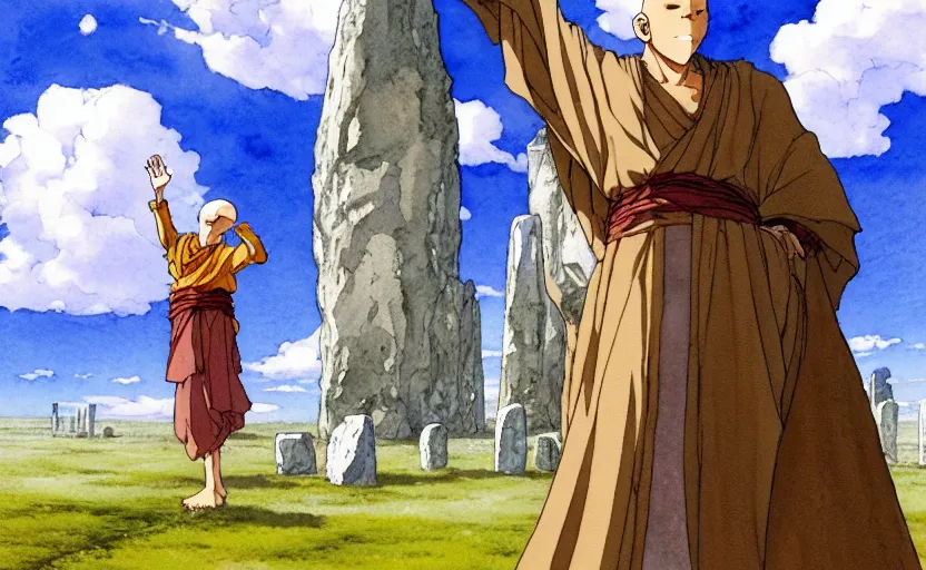 Prompt: a realistic anime watercolor fantasy concept art of a giant monk with a big forehead and a grey robe raising his hand to the sky in stonehenge. in the background several immense stones are floating in the air. by rebecca guay, michael kaluta, charles vess