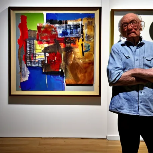 Image similar to a man standing in front of a display of paintings, an abstract painting by robert rauschenberg, pixiv, american scene painting, academic art, dye - transfer, dynamic composition