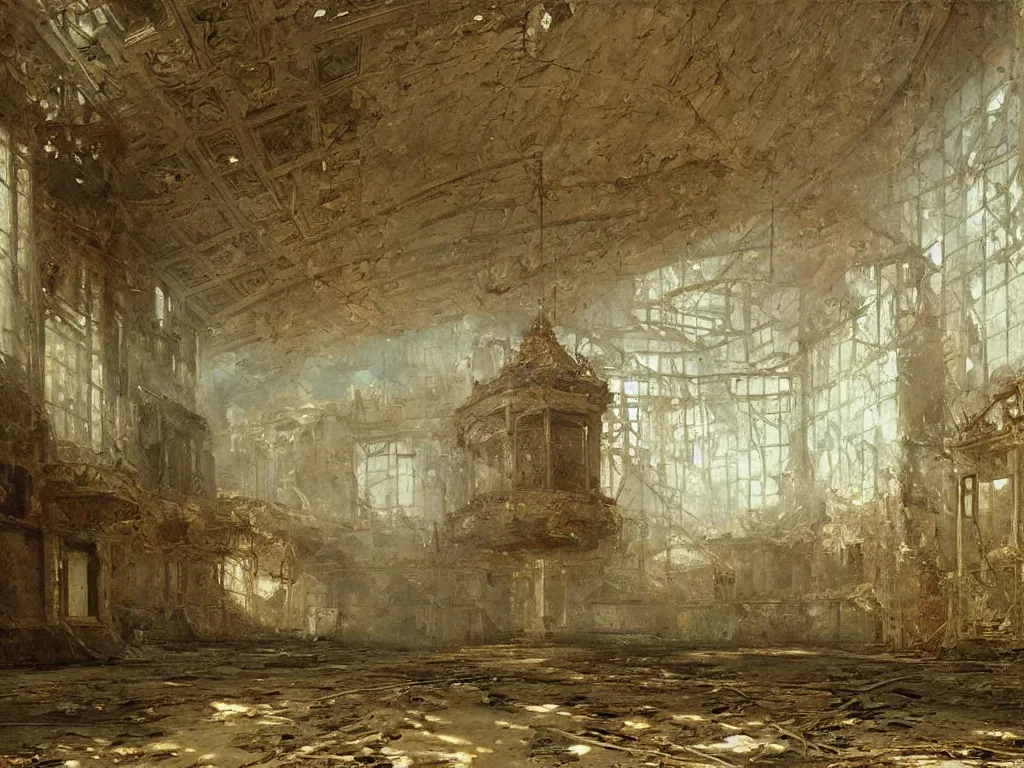 Prompt: Interior of an abandoned mall, highly detailed, oil on canvas, by Ivan Shishkin and Aivazovsky