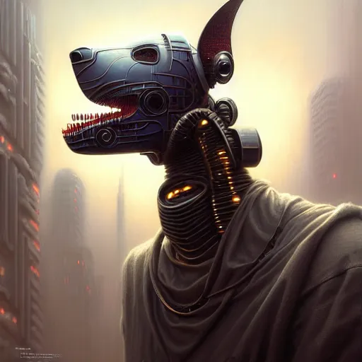 Image similar to low angle portrait shot of a cyberpunk dog robot, intricate, elegant, highly detailed, centered, digital painting, artstation, concept art, smooth, sharp focus, illustration, artgerm, Tomasz Alen Kopera, Peter Mohrbacher, donato giancola, Joseph Christian Leyendecker, WLOP, Boris Vallejo