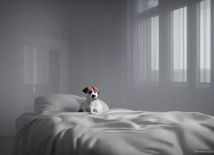 Image similar to photography of a Jack Russel watching outside the window on a bed in a 3d rendered white room, octane render, 3d, foggy, volumetric light, volumetric fog, photorealistic, unreal engine 5, award winning photo, 100mm, sharp, cloth, high res