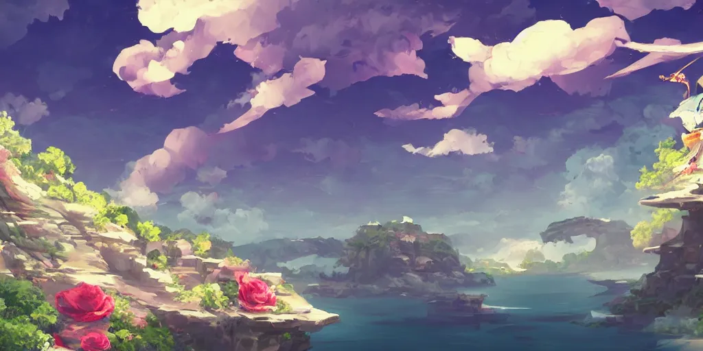 Prompt: background art of flying longswords flowing and floating through the slicing through directional wind on a simple cloudy sky background featuring a canyon bridge, big puffy clouds, large individual rose petals, angular background elements, polygonal fragments, anime, studio ghibli, artgerm, manga, trending on artstation, art nouveau, mature color scheme