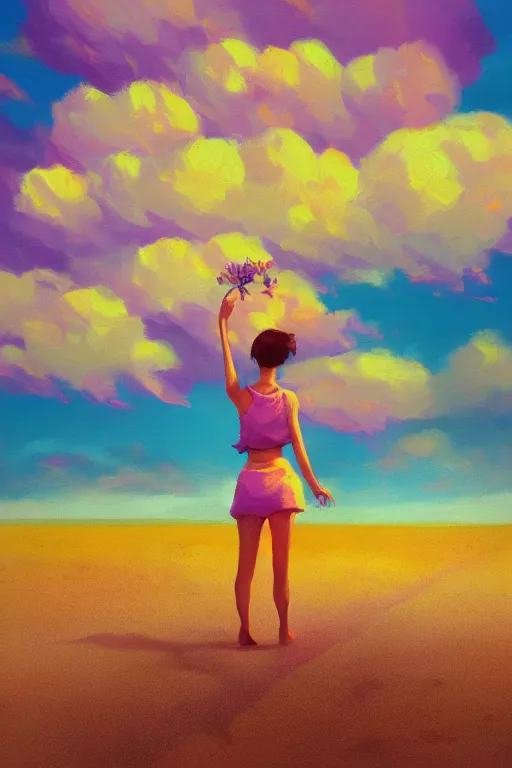 Image similar to closeup, giant lilac flower head, girl on beach, surreal photography, golden hour, colorful clouds, impressionist painting, digital painting, artstation, simon stalenhag