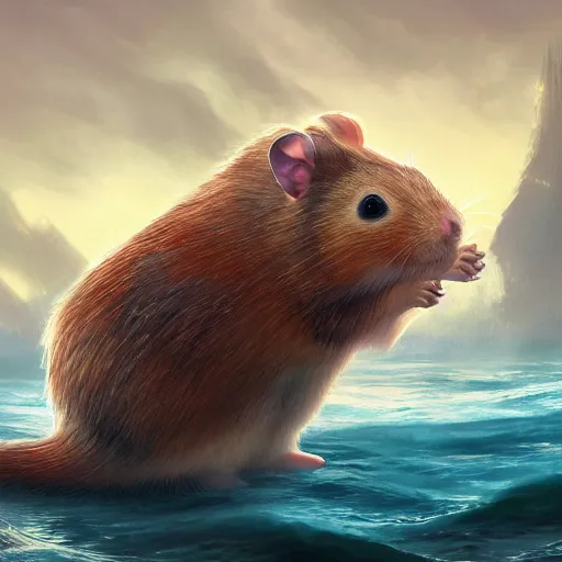 Prompt: giant hamster in the middle of the sea, fantasy art, illustration, epic, fantasy, intricate, hyper detailed, artstation, concept art, smooth, sharp focus, ray tracing