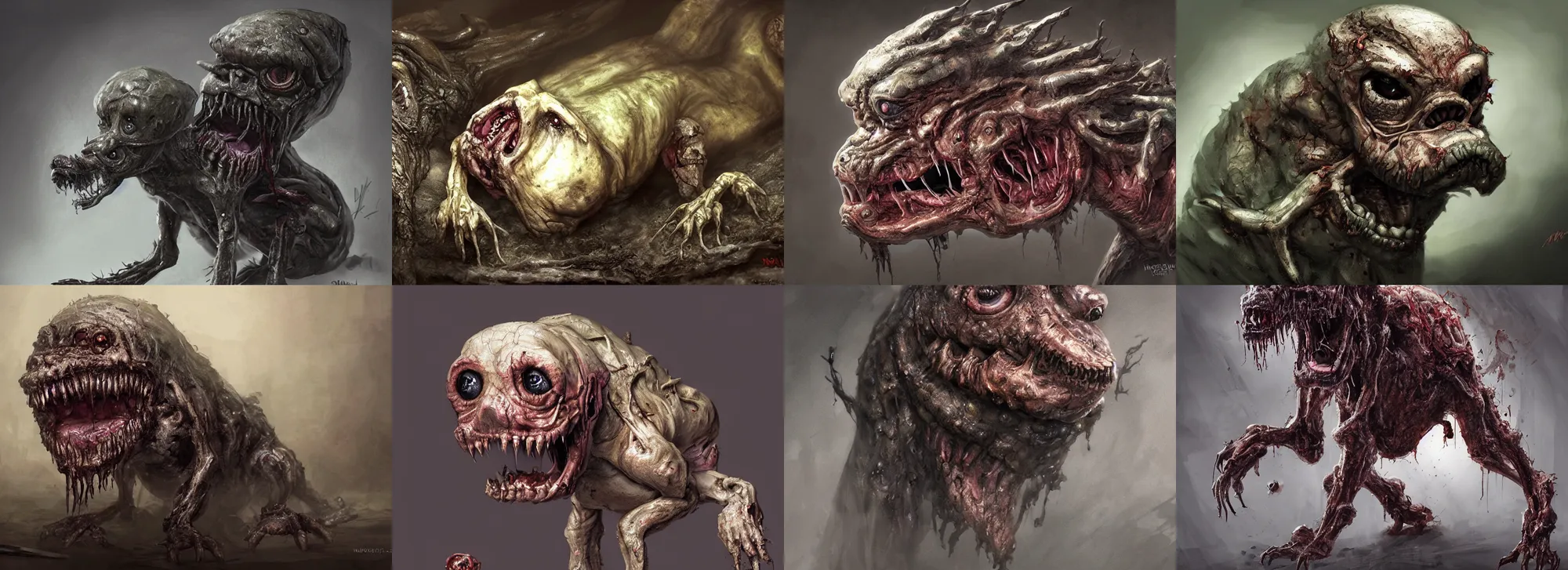 Prompt: a nightmarish slimy monster puppy, with black eyes, rotting flesh, exposed bone, by neville page, concept art, dramatic lighting, highly detailed digital painting