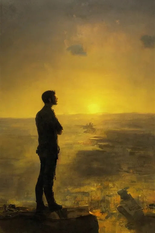 Prompt: beautiful clean oil painting of man watching the sunset on the landfill by rafael albuquerque, wayne barlowe, rembrandt, detailed, stunning
