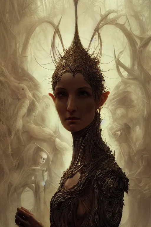 Prompt: elvish psychonaut physically accurate, moody dynamic lighting, very very intricate, very very elegant, highly detailed, digital painting, artstation, HR GIGER, Hieronymus Bosch, Francis Bacon, concept art, smooth, very beautiful, sharp focus, illustration, art by artgerm and greg rutkowski and alphonse mucha