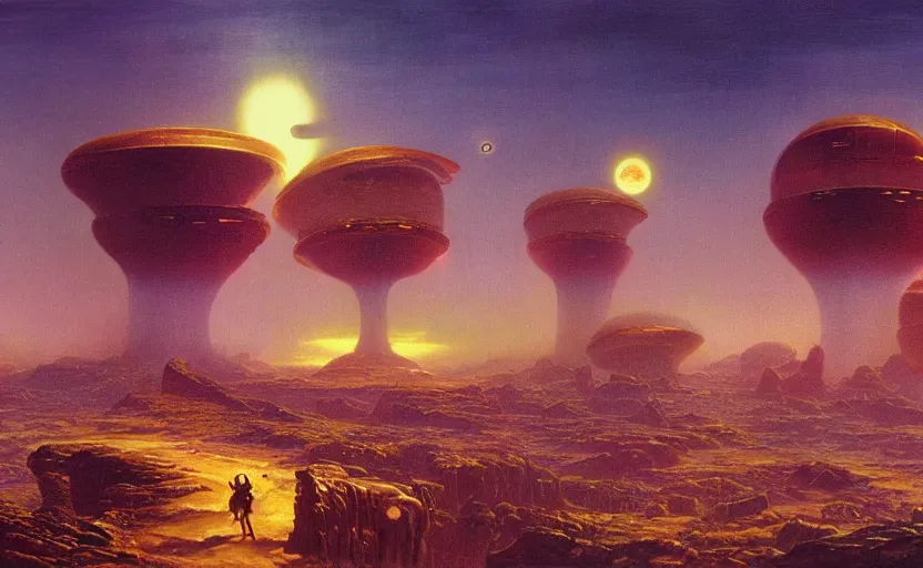 Image similar to photorealistic alien empire atmospheric matte painting by bruce pennington