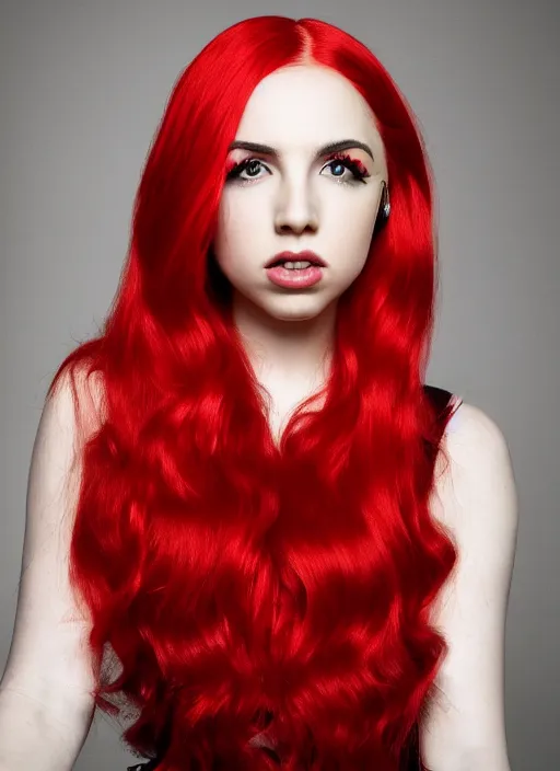 Image similar to ava max bright red hair photographed by charlotte rutherford, canon, highly realistic. high resolution. highly detailed. dramatic. 8 k. 4 k.