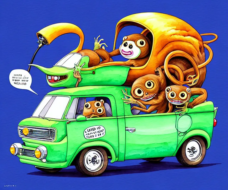 Prompt: cute and funny, tarsier driving a tiny hot rod morris j - type van with an oversized engine, ratfink style by ed roth, centered award winning watercolor pen illustration, isometric illustration by chihiro iwasaki, edited by craola, tiny details by artgerm and watercolor girl, symmetrically isometrically centered