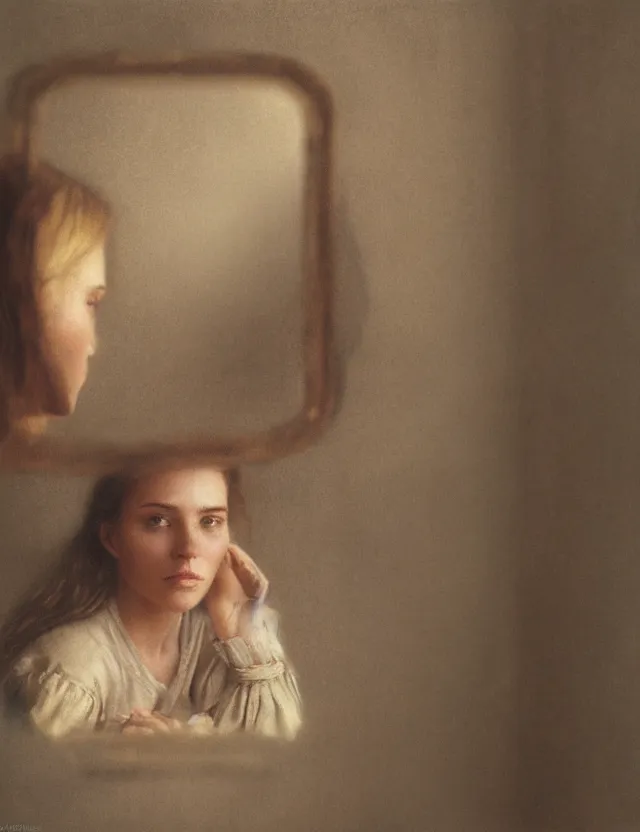 Prompt: portrait of peasant girl looking in a mirror, Cinematic focus, Polaroid photo, vintage, neutral colors, soft lights, foggy, by Steve Hanks, by Serov Valentin, by lisa yuskavage, by Andrei Tarkovsky 8k render, detailed, oil on canvas