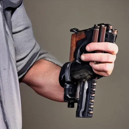 Image similar to human with a shotgun as a prosthetic hand